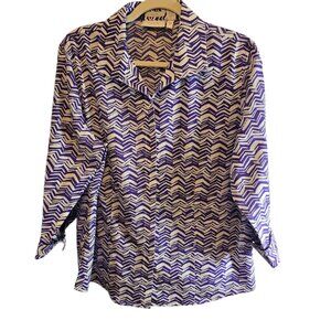 CHICOS NO IRON 3/4 SLEEVE TOP 100% COTTON SIZE 2 LARGE GEOMETRIC PURPLE WHITE